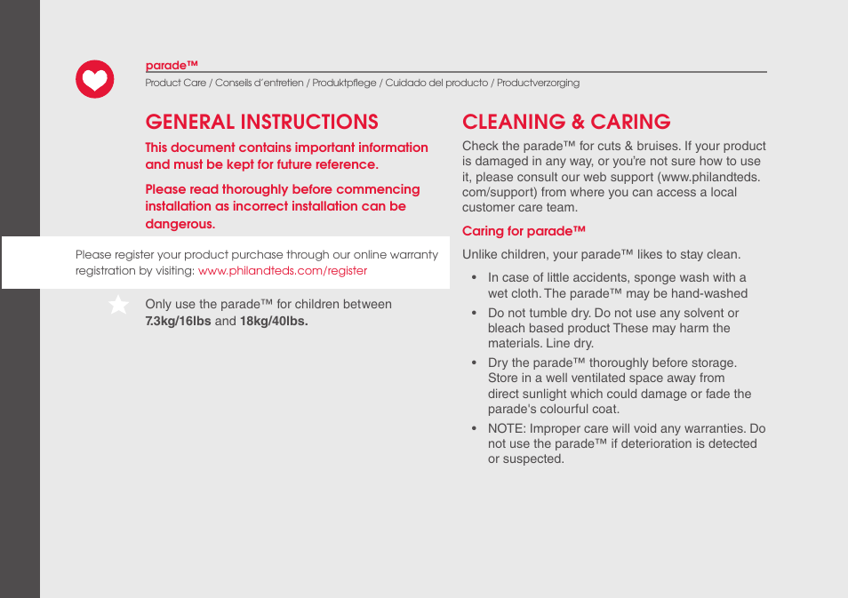 General instructions cleaning & caring | phil&teds parade User Manual | Page 10 / 28