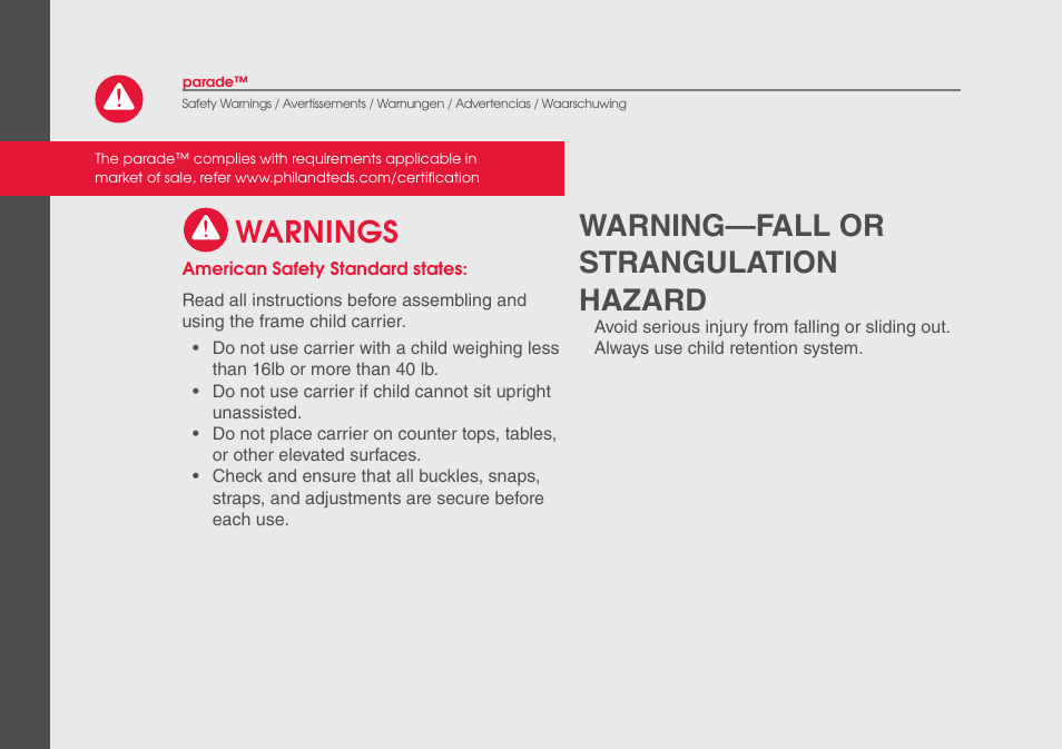 Warnings, Warning—fall or strangulation hazard | phil&teds parade User Manual | Page 12 / 28