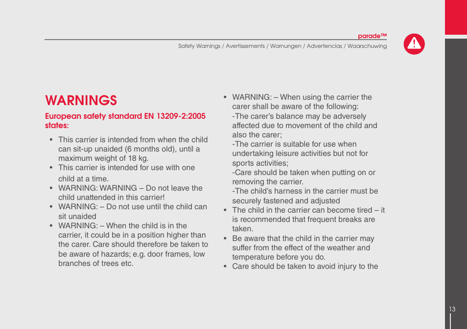 Warnings | phil&teds parade User Manual | Page 13 / 28