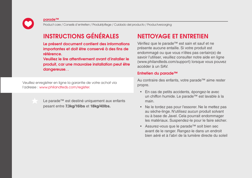Instructions générales nettoyage et entretien | phil&teds parade User Manual | Page 16 / 28
