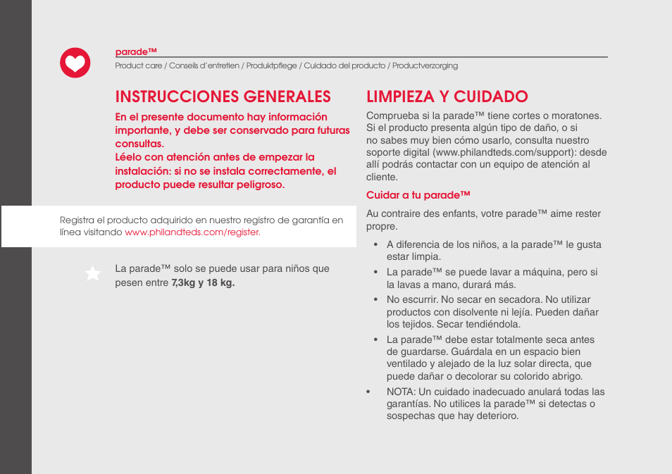 Instrucciones generales limpieza y cuidado | phil&teds parade User Manual | Page 20 / 28