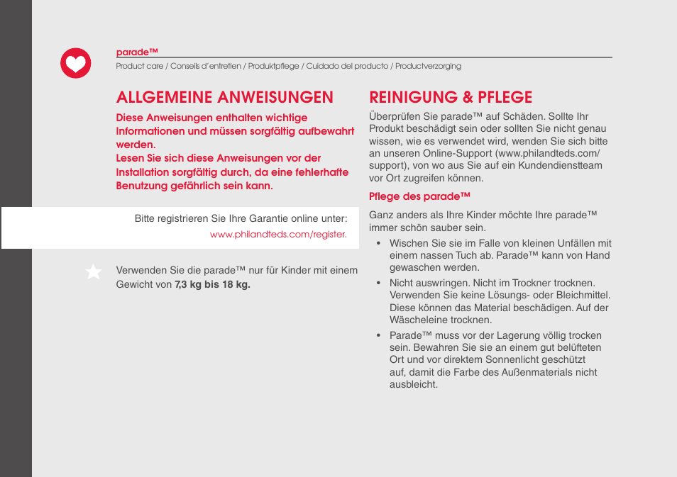 Allgemeine anweisungen reinigung & pflege | phil&teds parade User Manual | Page 22 / 28