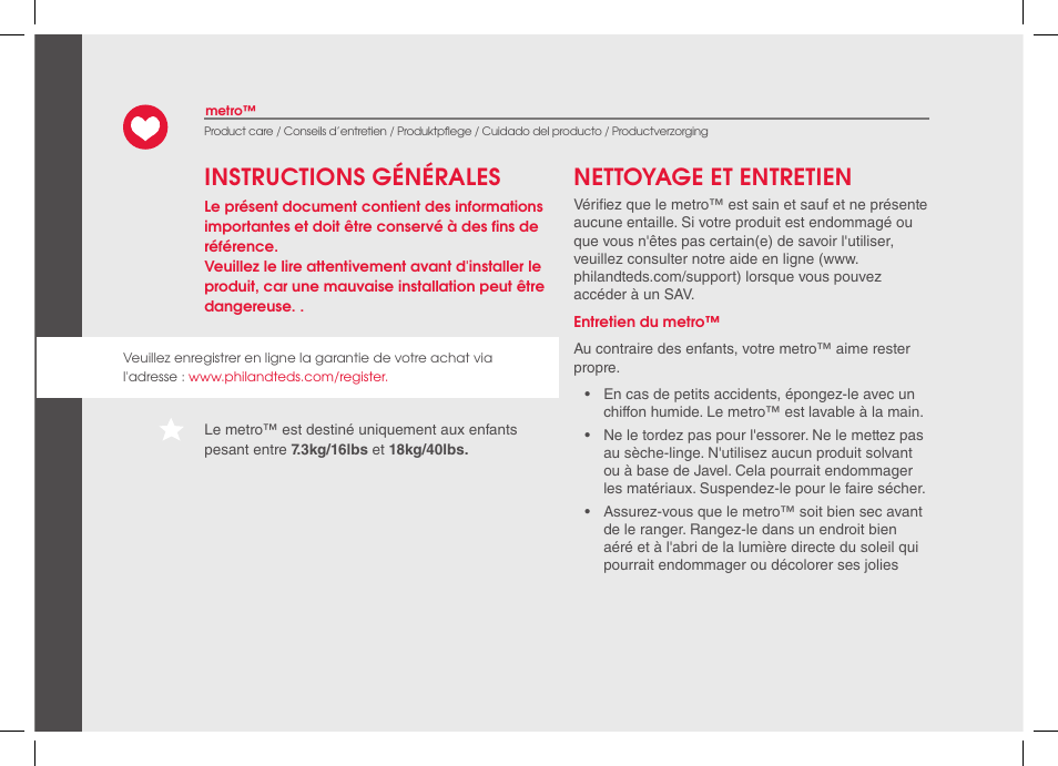 Instructions générales nettoyage et entretien | phil&teds metro 2014 User Manual | Page 10 / 32