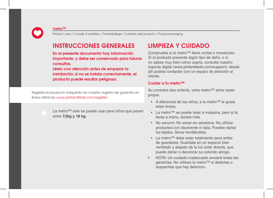 Instrucciones generales limpieza y cuidado | phil&teds metro 2014 User Manual | Page 14 / 32
