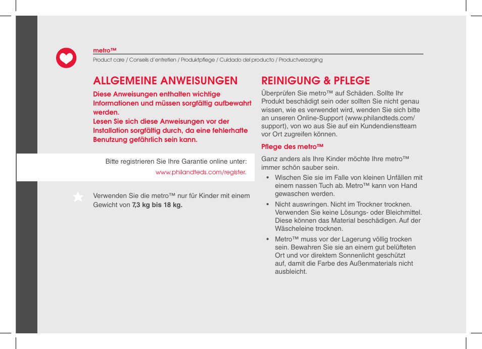 Allgemeine anweisungen reinigung & pflege | phil&teds metro 2014 User Manual | Page 16 / 32