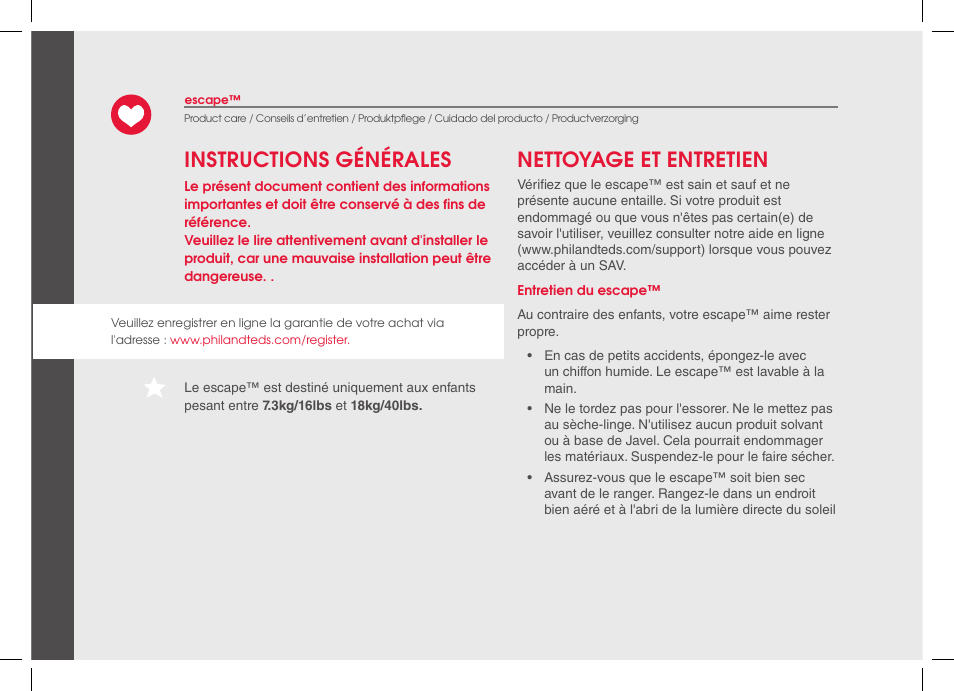 Instructions générales nettoyage et entretien | phil&teds escape 2014 User Manual | Page 10 / 36