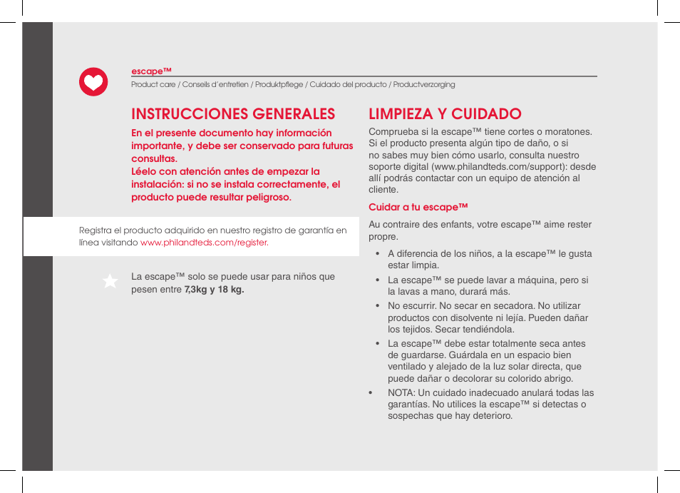 Instrucciones generales limpieza y cuidado | phil&teds escape 2014 User Manual | Page 14 / 36