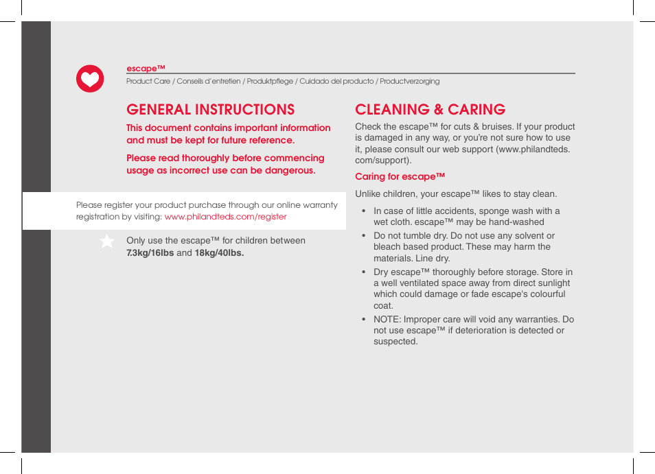 General instructions cleaning & caring | phil&teds escape 2014 User Manual | Page 4 / 36