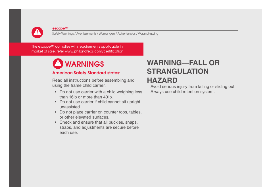 Warnings, Warning—fall or strangulation hazard | phil&teds escape 2014 User Manual | Page 6 / 36