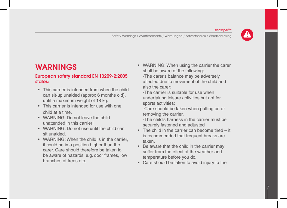 Warnings | phil&teds escape 2014 User Manual | Page 7 / 36