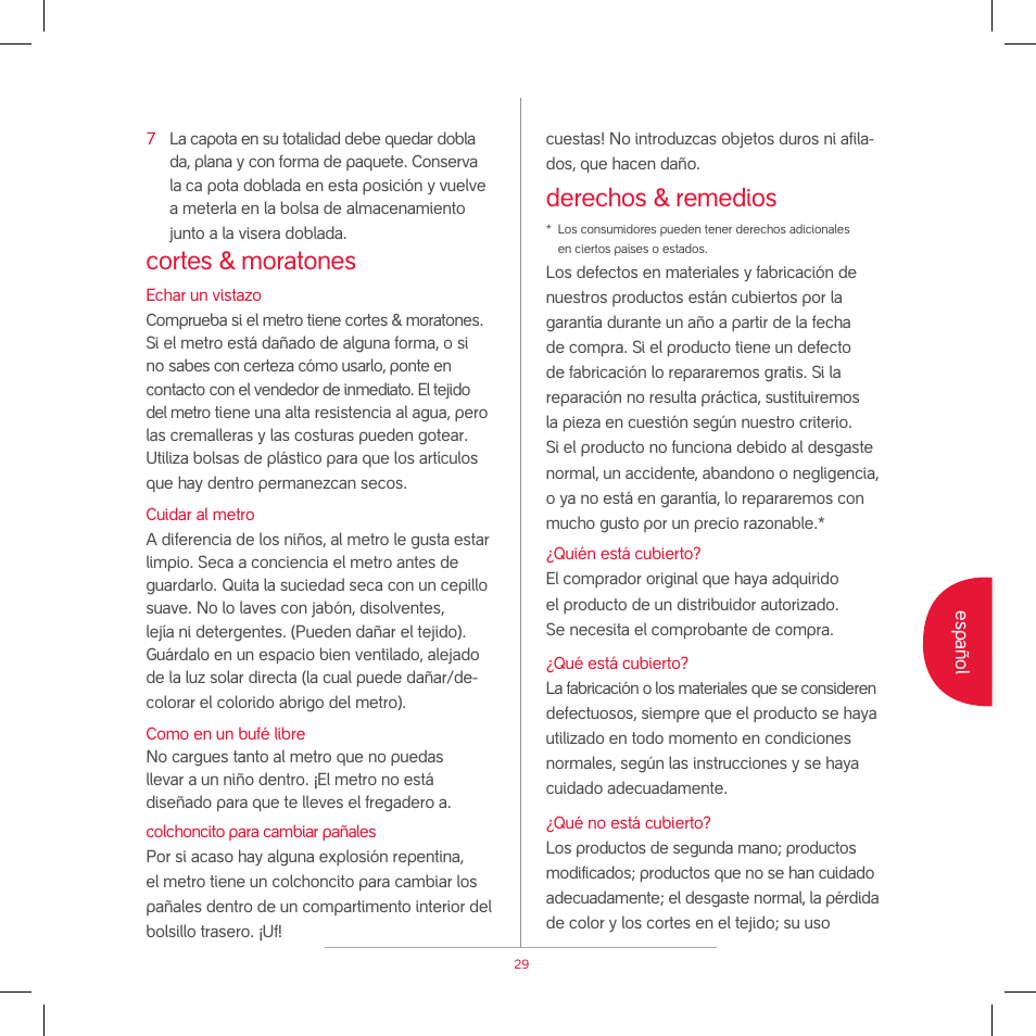 Derechos & remedios, Cortes & moratones | phil&teds metro v2 2009 User Manual | Page 31 / 42