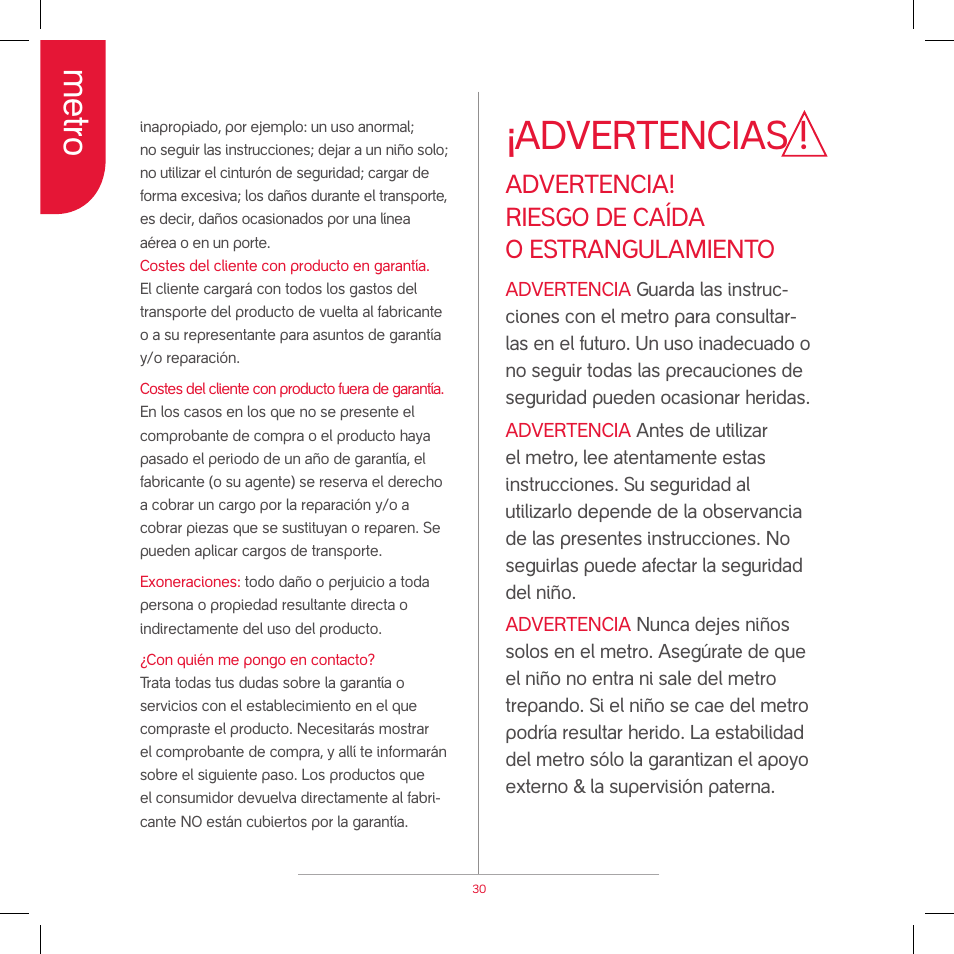 Advertencias, Metro, Advertencia! riesgo de caída o estrangulamiento | phil&teds metro v2 2009 User Manual | Page 32 / 42