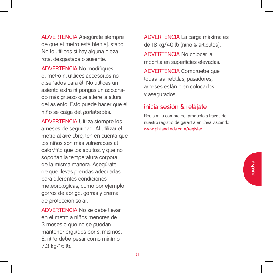 Inicia sesión & relájate | phil&teds metro v2 2009 User Manual | Page 33 / 42