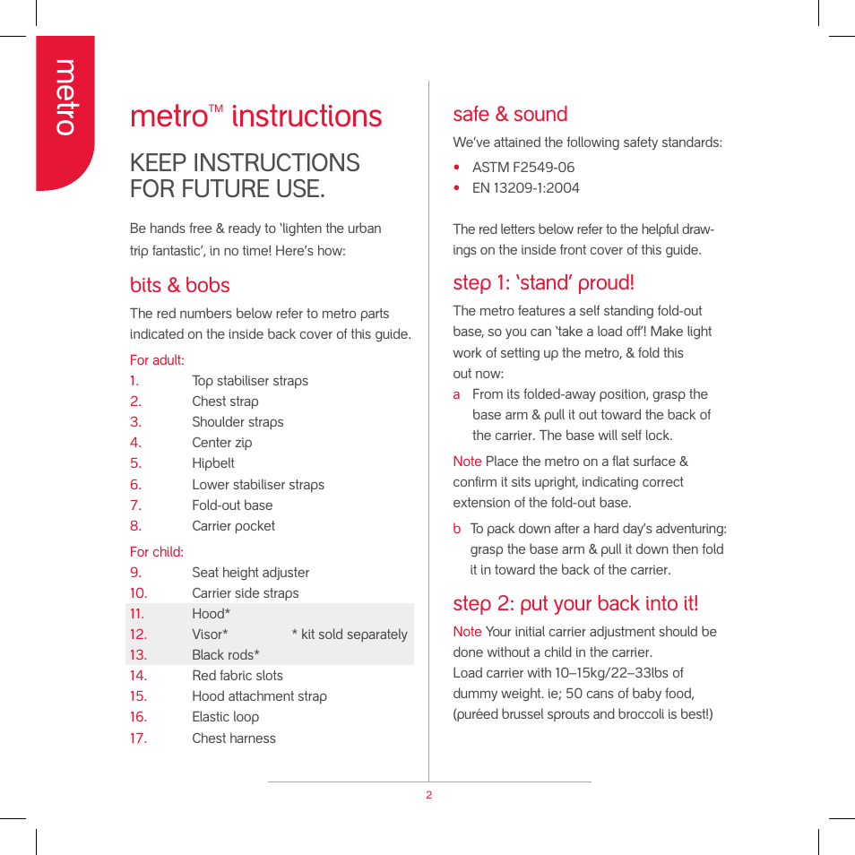 Metro, Instructions, Keep instructions for future use | Bits & bobs, Safe & sound, Step 1: ‘stand’ proud, Step 2: put your back into it | phil&teds metro v2 2009 User Manual | Page 4 / 42