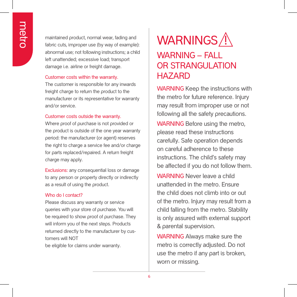 Warnings, Metro, Warning – fall or strangulation hazard | phil&teds metro v2 2009 User Manual | Page 8 / 42