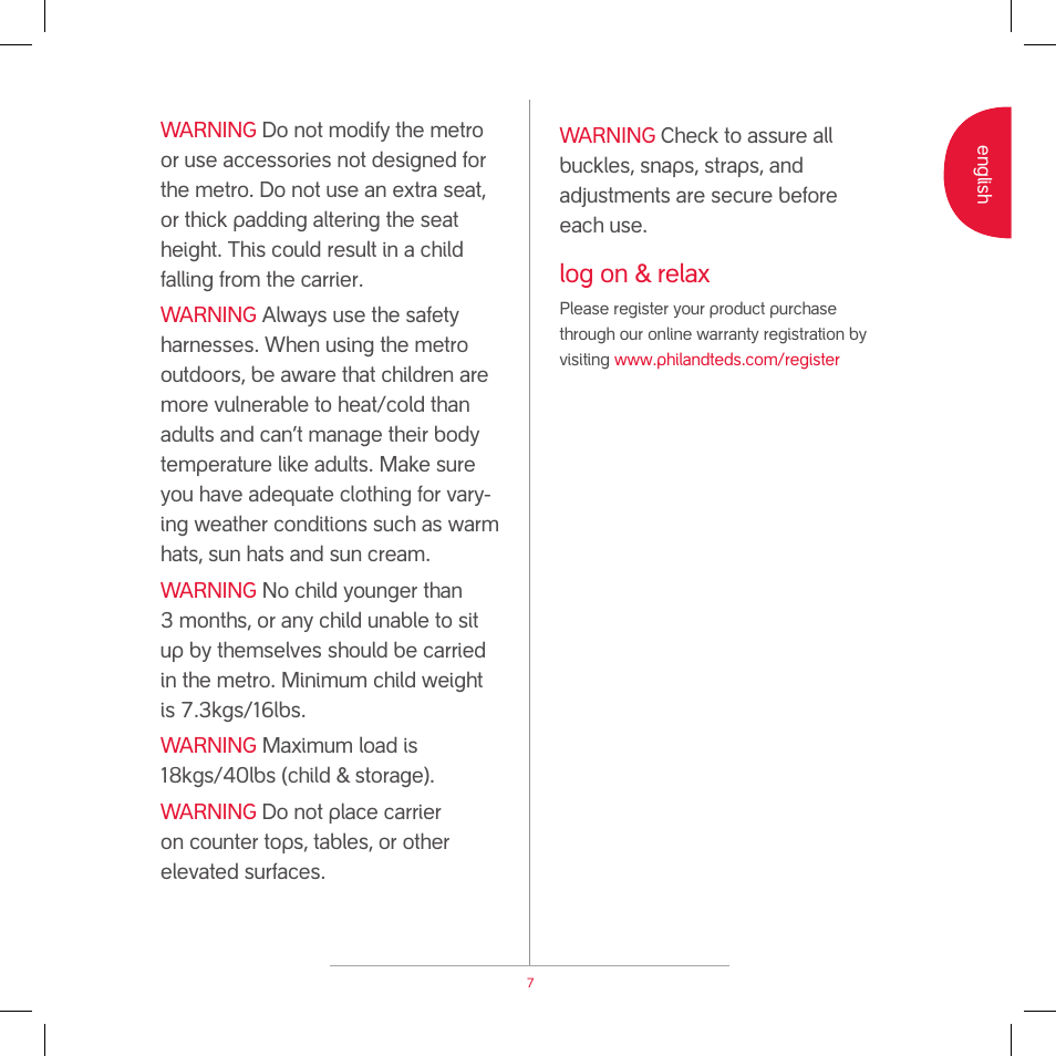 Log on & relax | phil&teds metro v2 2009 User Manual | Page 9 / 42