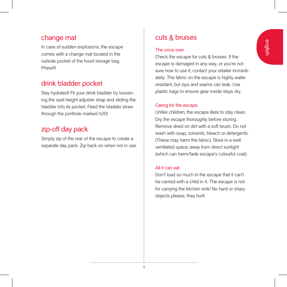 Cuts ` bruises, Change mat, Drink bladder pocket | Zip-off day pack | phil&teds escape v2 2009 User Manual | Page 7 / 10