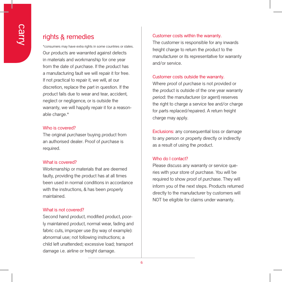 Carry, Rights ` remedies | phil&teds escape v2 2009 User Manual | Page 8 / 10