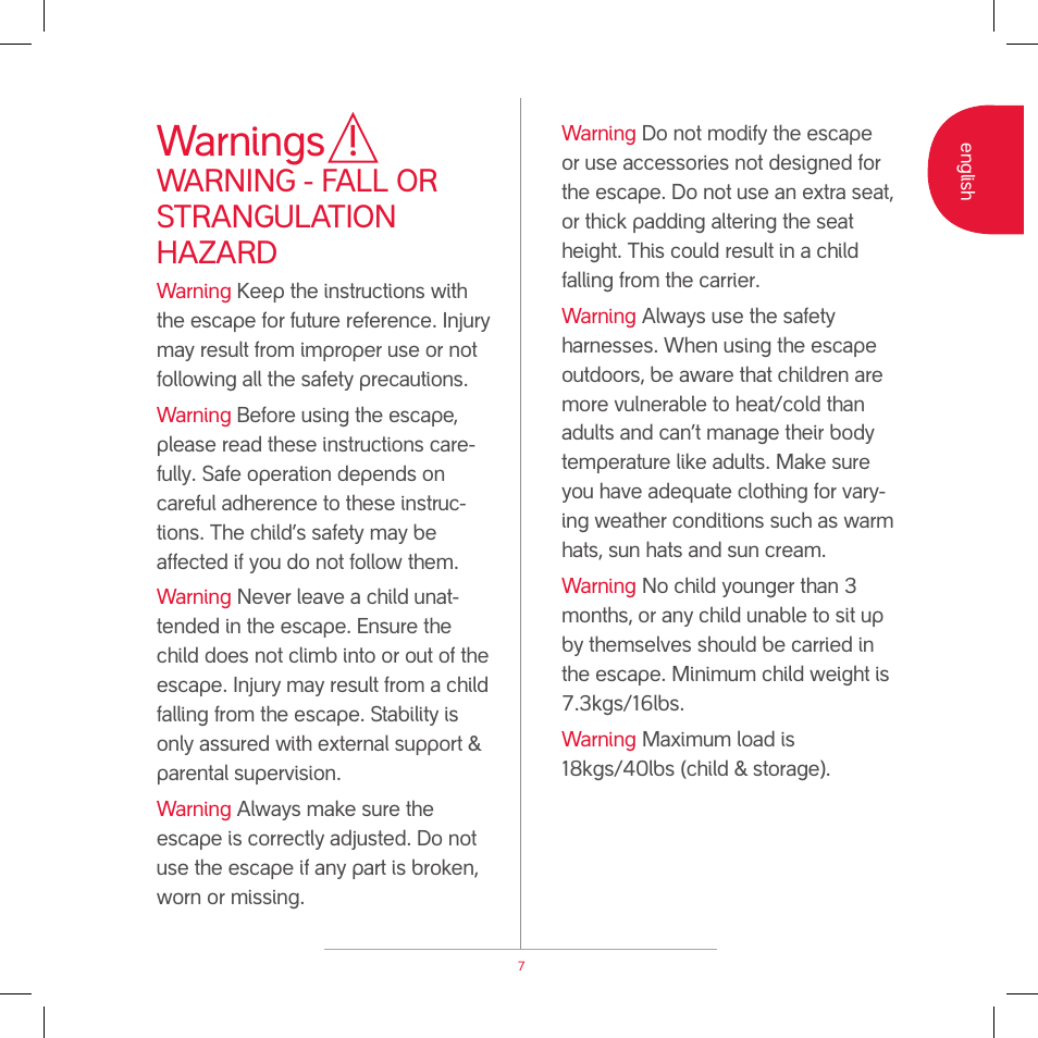 Warnings, Warning - fall or strangulation hazard | phil&teds escape v2 2009 User Manual | Page 9 / 10