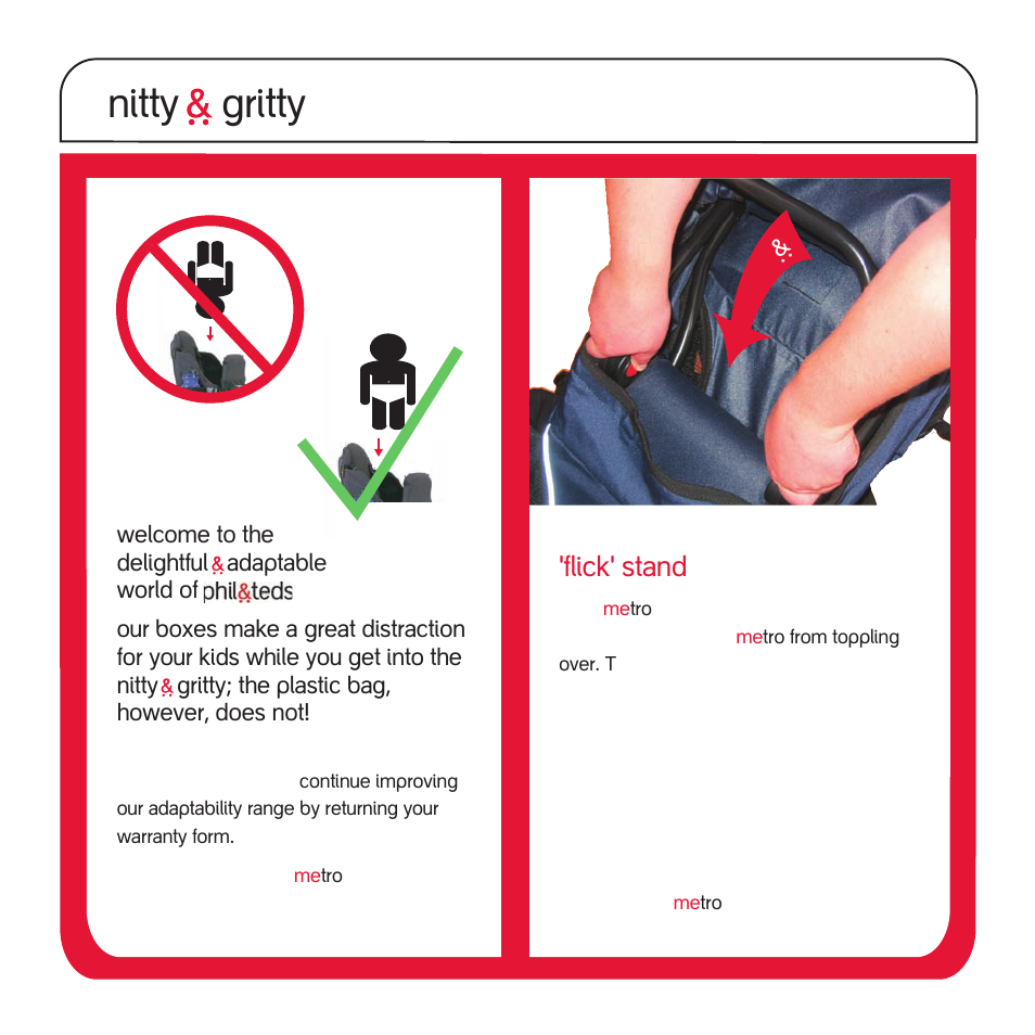 Nitty gritty, Flick' stand | phil&teds metro v1 User Manual | Page 3 / 12