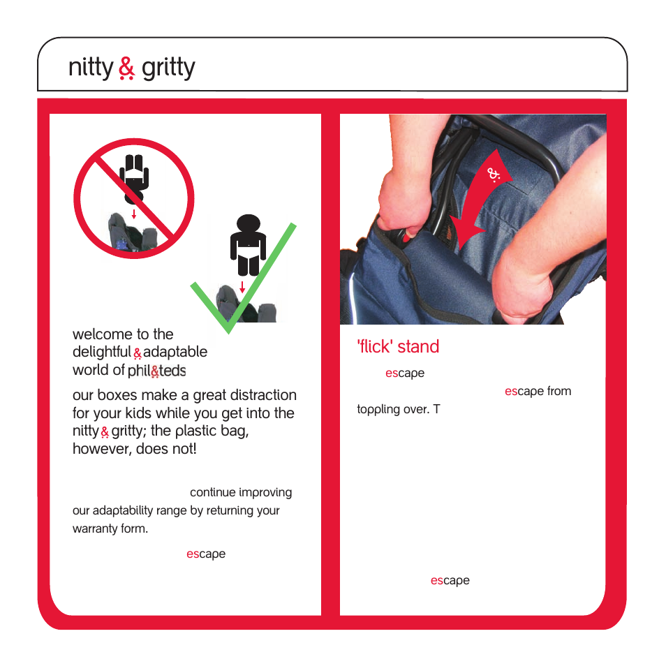 Nitty gritty, Flick' stand | phil&teds escape v1 User Manual | Page 3 / 12