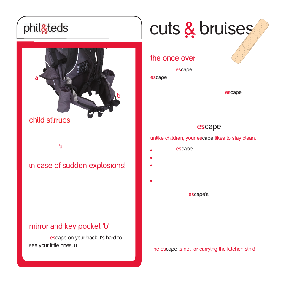 Cuts bruises, The once over, Caring for the es cape | All it can eat, Child stirrups, Mirror and key pocket 'b | phil&teds escape v1 User Manual | Page 6 / 12