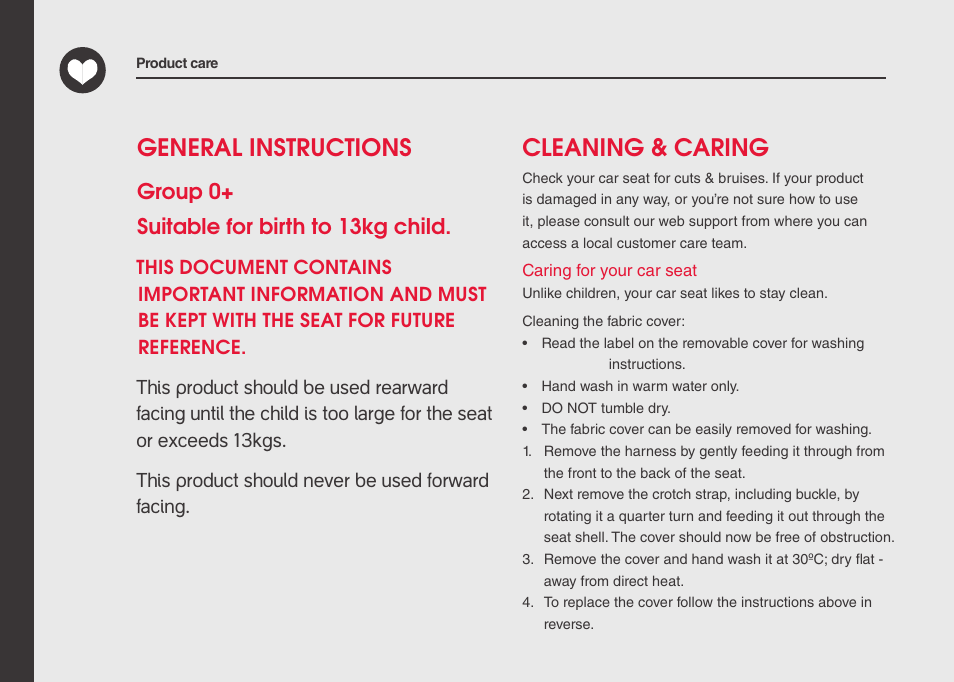 Cleaning & caring, General instructions, Group 0+ suitable for birth to 13kg child | phil&teds alpha User Manual | Page 4 / 28