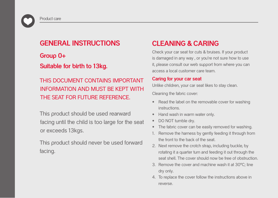 Cleaning & caring, General instructions, Group 0+ suitable for birth to 13kg | phil&teds quest User Manual | Page 4 / 20