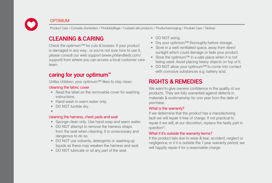 Cleaning & caring, Caring for your optimum, Rights & remedies | phil&teds optimum User Manual | Page 38 / 44