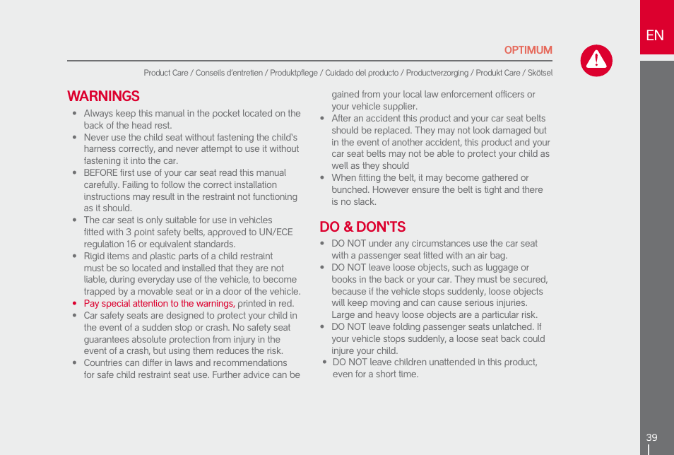 En warnings, Do & don‘ts | phil&teds optimum User Manual | Page 41 / 44