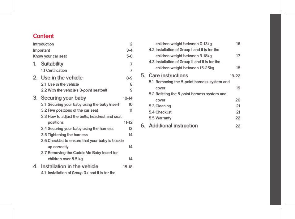 Content, Suitability, Use in the vehicle | Securing your baby, Installation in the vehicle, Care instructions, Additional instruction | phil&teds evolution User Manual | Page 3 / 26