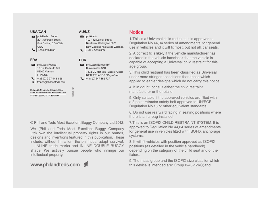Notice | phil&teds cocoon genius User Manual | Page 26 / 26