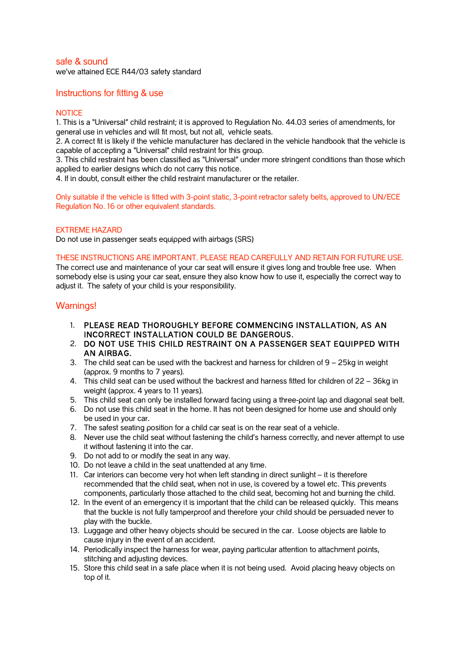Safe & sound, Instructions for fitting & use, Warnings | phil&teds tott v1 User Manual | Page 2 / 8