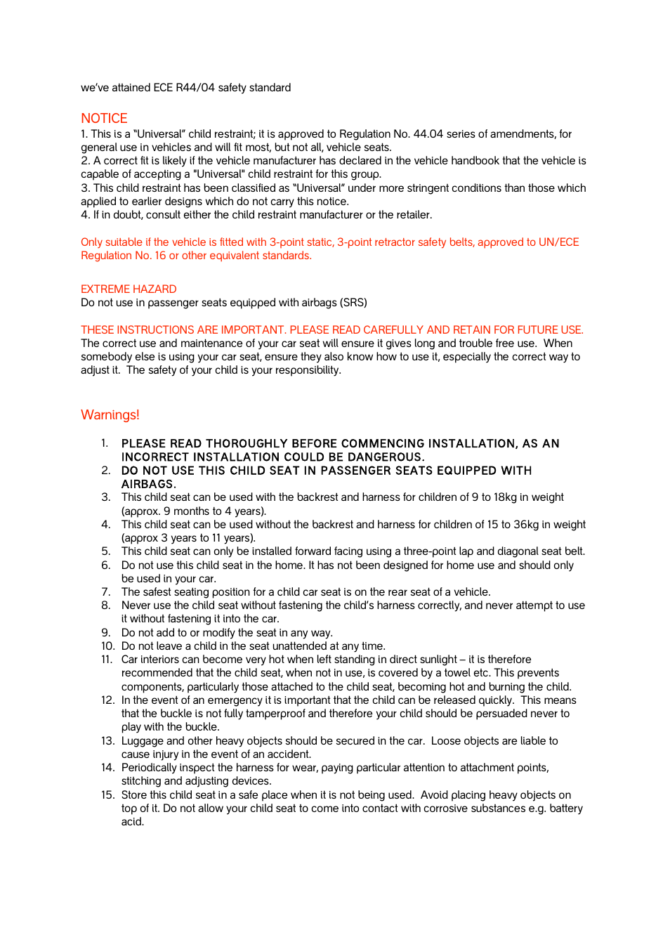 Notice, Warnings | phil&teds tott XT v1 User Manual | Page 2 / 8