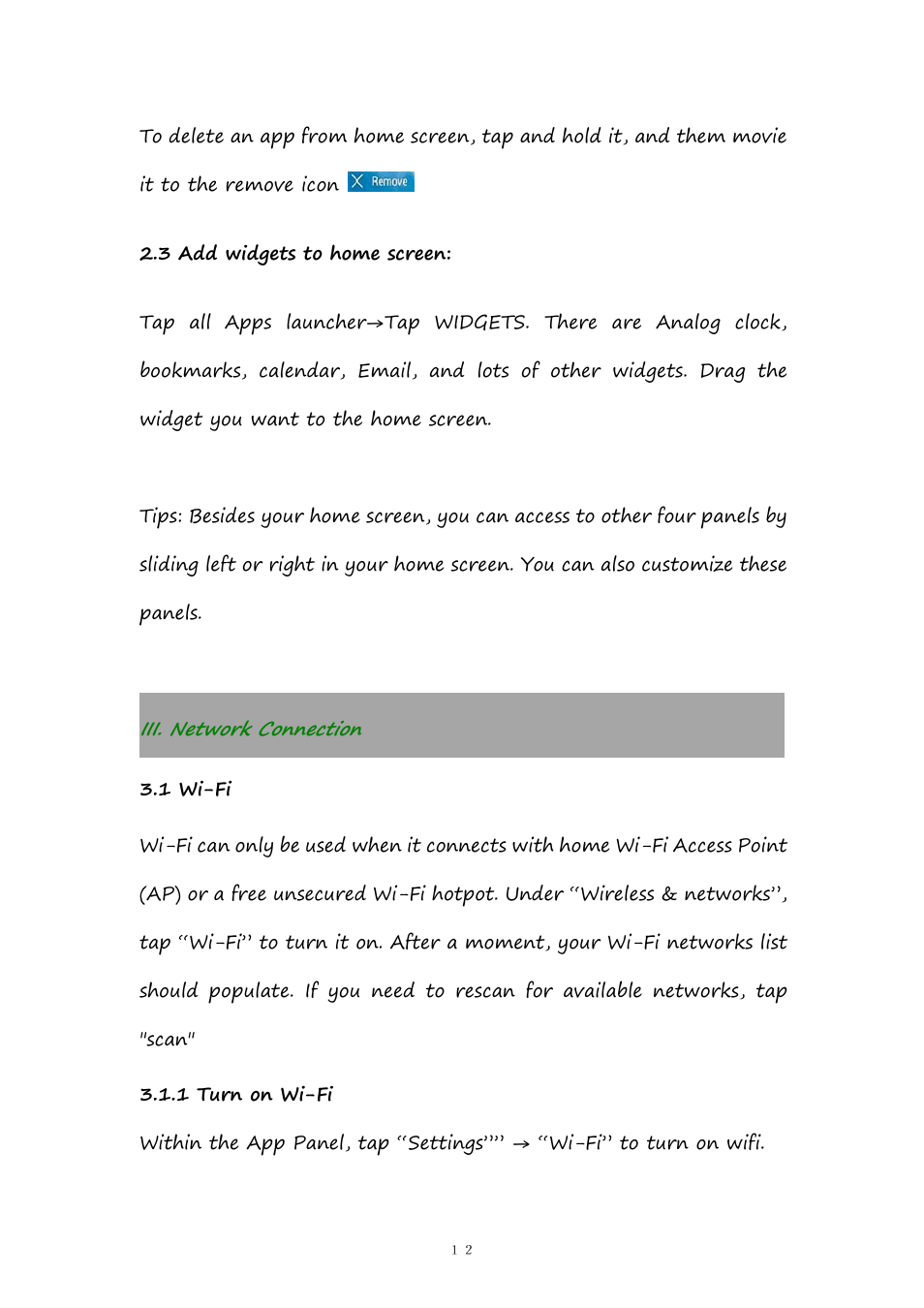 3addwidgetstohomescreen, Iii.networkconnection, 1wi-fi | 1turnonwi-fi, 3 add widgets to home screen, Iii. network connection, 1 wi-fi, 1 turn on wi-fi | PiPO Pad-P1 User Manual | Page 12 / 38