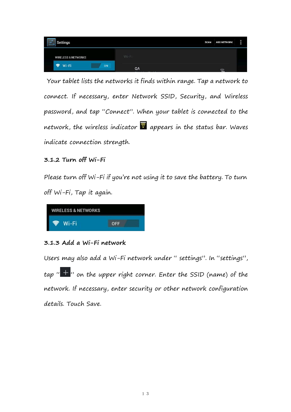 2turnoffwi-fi, 3addawi-finetwork, 2 turn off wi-fi | 3 add a wi-fi network | PiPO Pad-P1 User Manual | Page 13 / 38