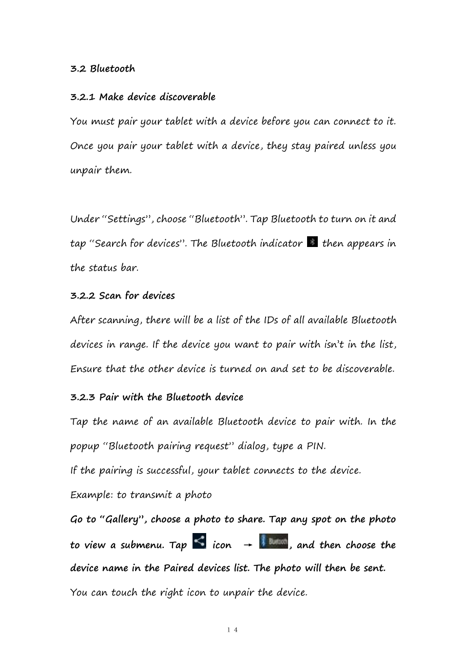 2bluetooth, 1makedevicediscoverable, 2scanfordevices | 3pairwiththebluetoothdevice, 2 bluetooth, 1 make device discoverable, 2 scan for devices, 3 pair with the bluetooth device | PiPO Pad-P1 User Manual | Page 14 / 38