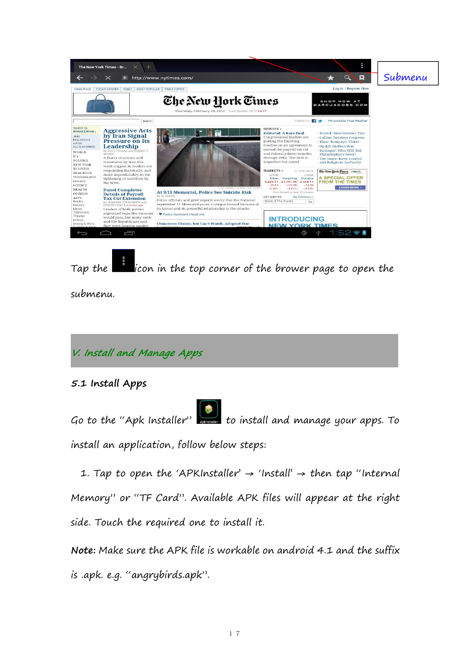 V.installandmanageapps, 1installapps, V. install and manage apps | 1 install apps | PiPO Pad-P1 User Manual | Page 17 / 38