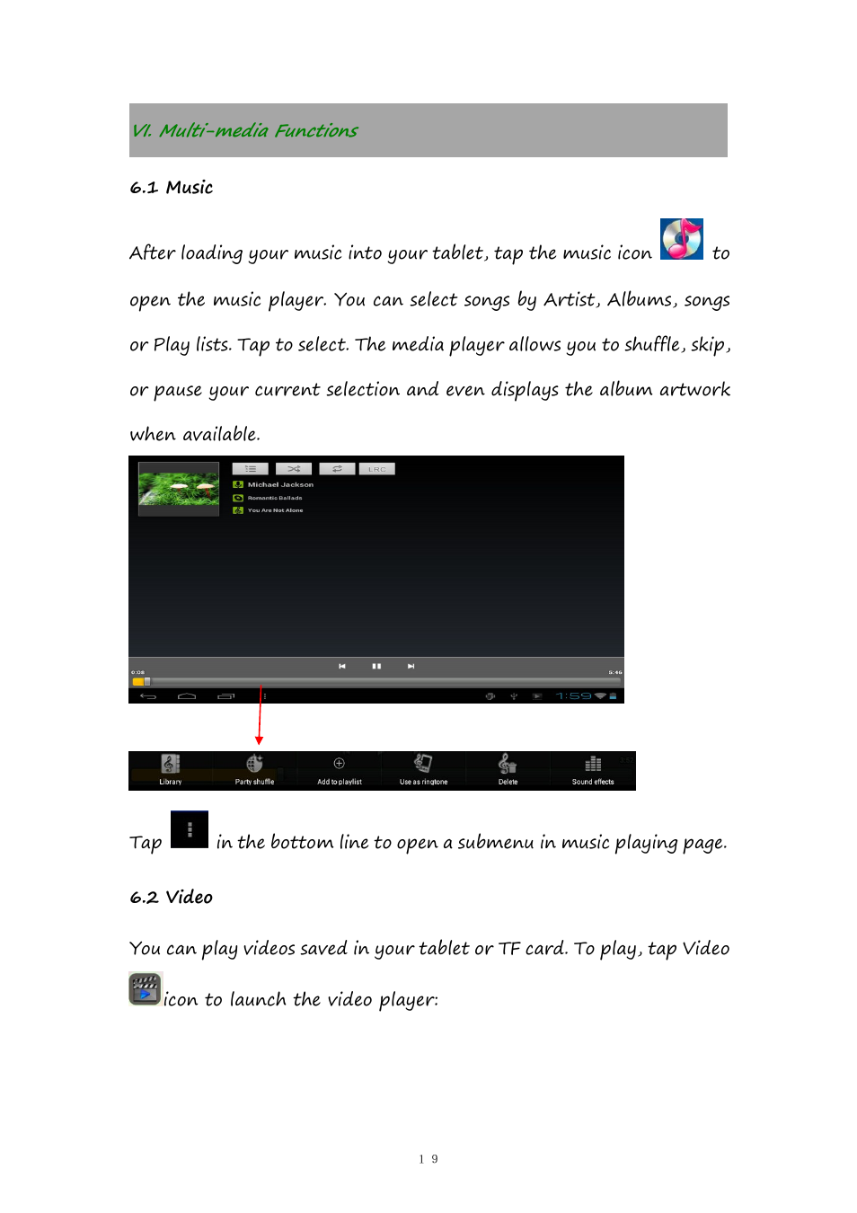Vi.multi-mediafunctions, 1music, 2video | Vi. multi-media functions, 1 music, 2 video | PiPO Pad-P1 User Manual | Page 19 / 38