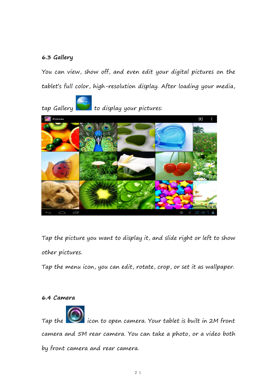 3gallery, 4camera, 3 gallery | 4 camera | PiPO Pad-P1 User Manual | Page 21 / 38