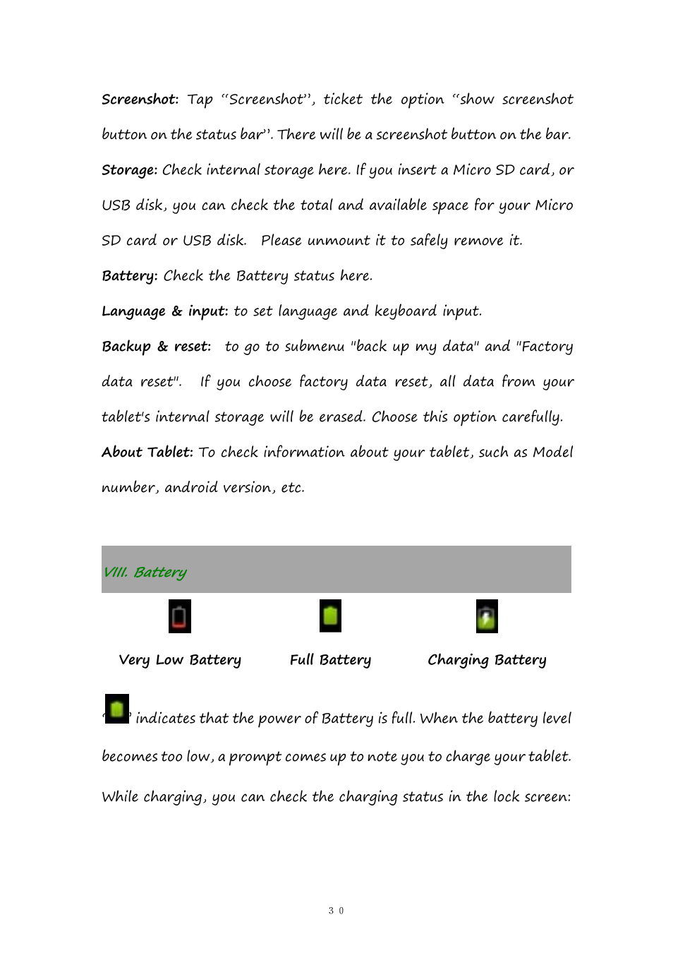 Viii.battery, Viii. battery | PiPO Pad-P1 User Manual | Page 30 / 38