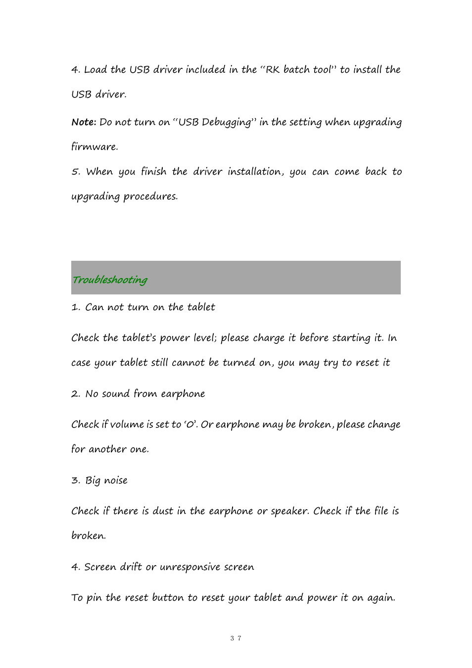 Troubleshooting | PiPO Pad-P1 User Manual | Page 37 / 38