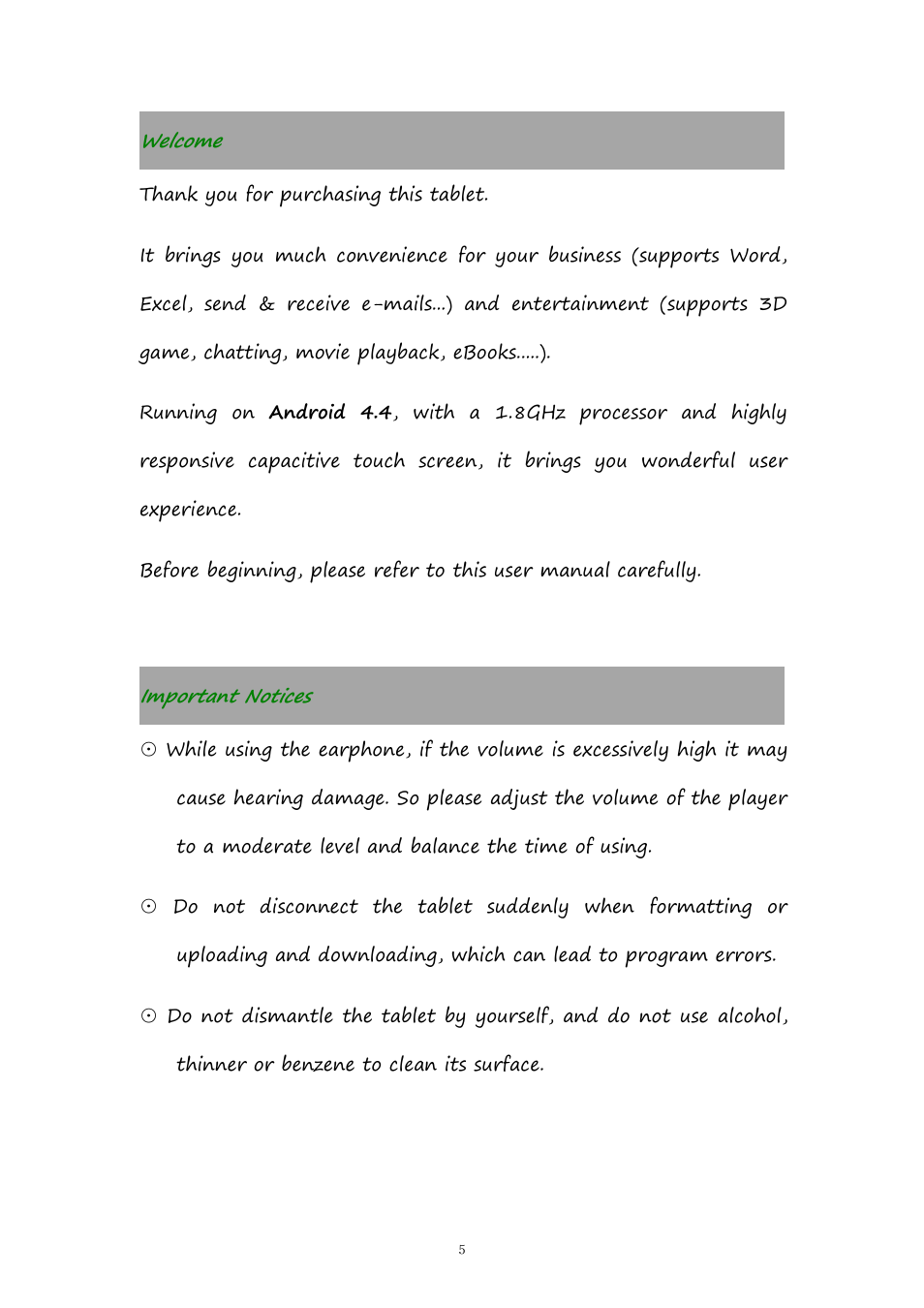 Welcome, Importantnotices, Important notices | PiPO Pad-P1 User Manual | Page 5 / 38