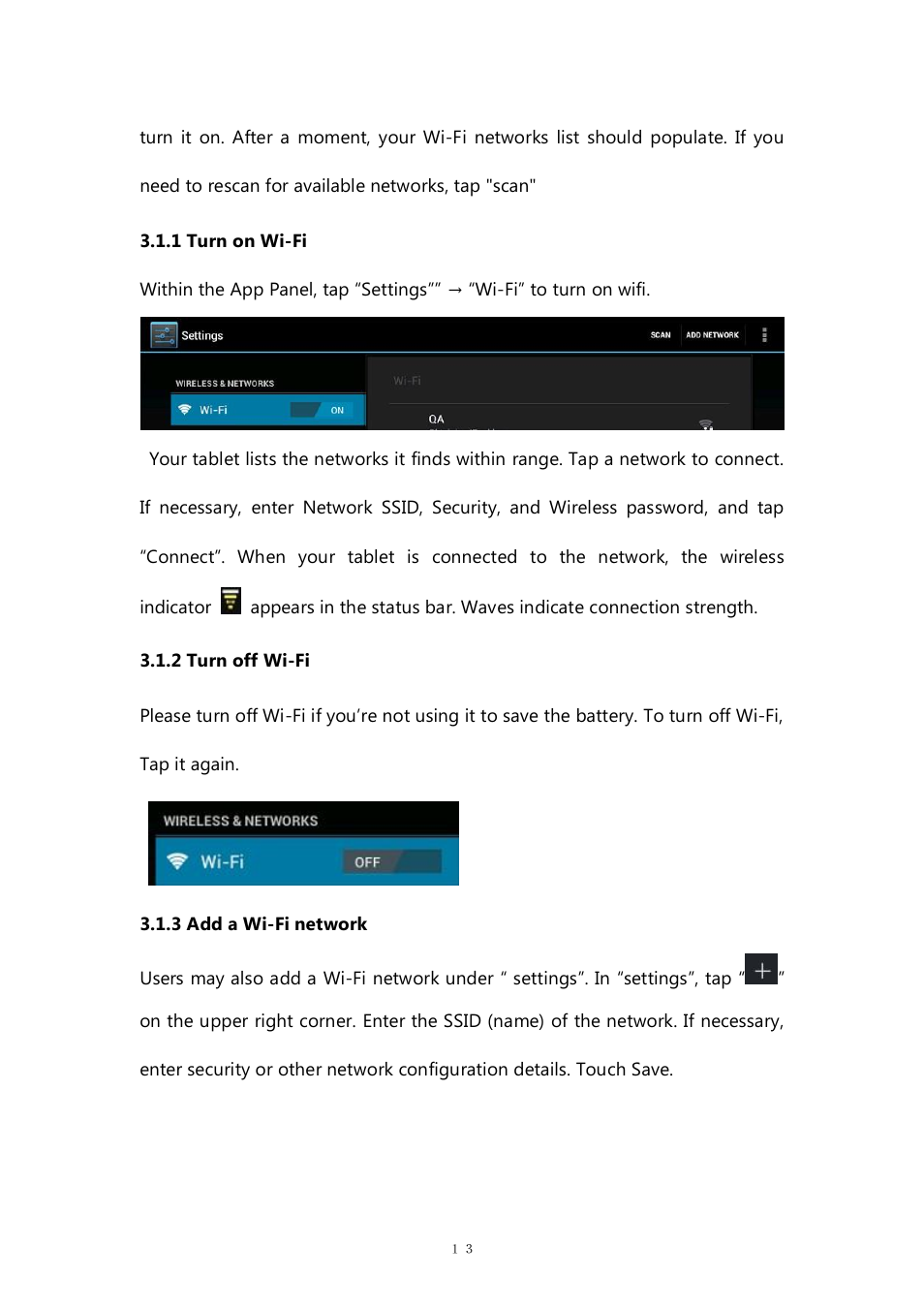 1 turn on wi-fi, 2 turn off wi-fi, 3 add a wi-fi network | PiPO M8HD User Manual | Page 13 / 42