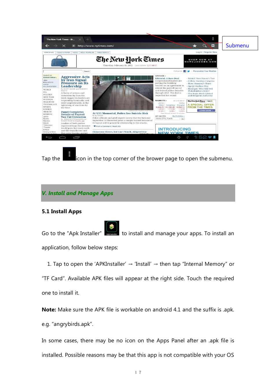 V. install and manage apps, 1 install apps | PiPO M8HD User Manual | Page 17 / 42