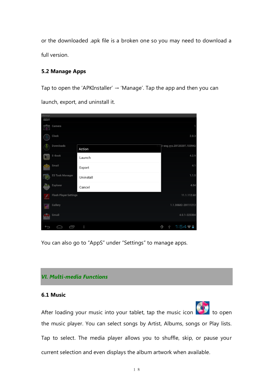 2 manage apps, Vi. multi-media functions, 1 music | PiPO M8HD User Manual | Page 18 / 42