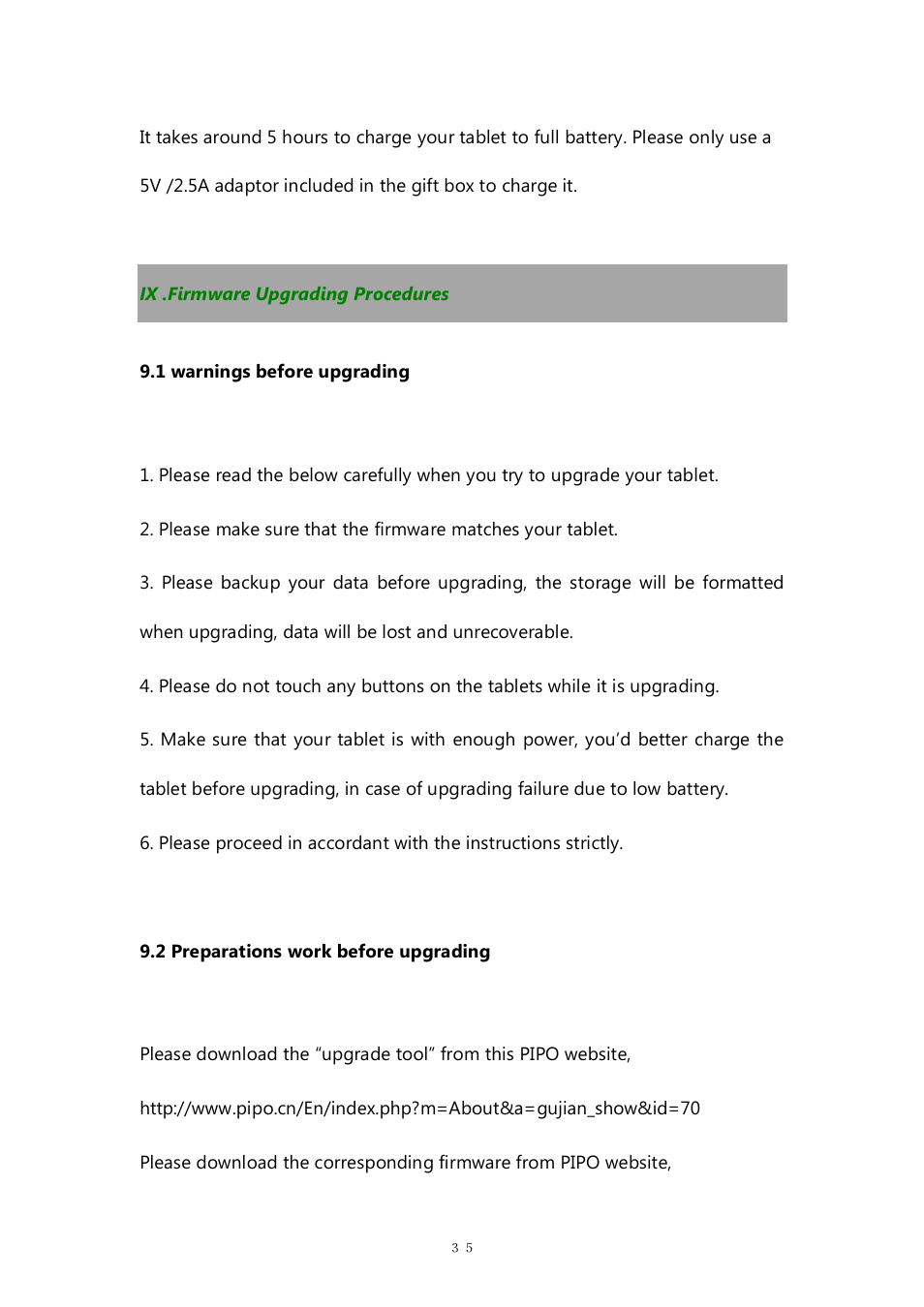 Ix .firmware upgrading procedures | PiPO M8HD User Manual | Page 35 / 42