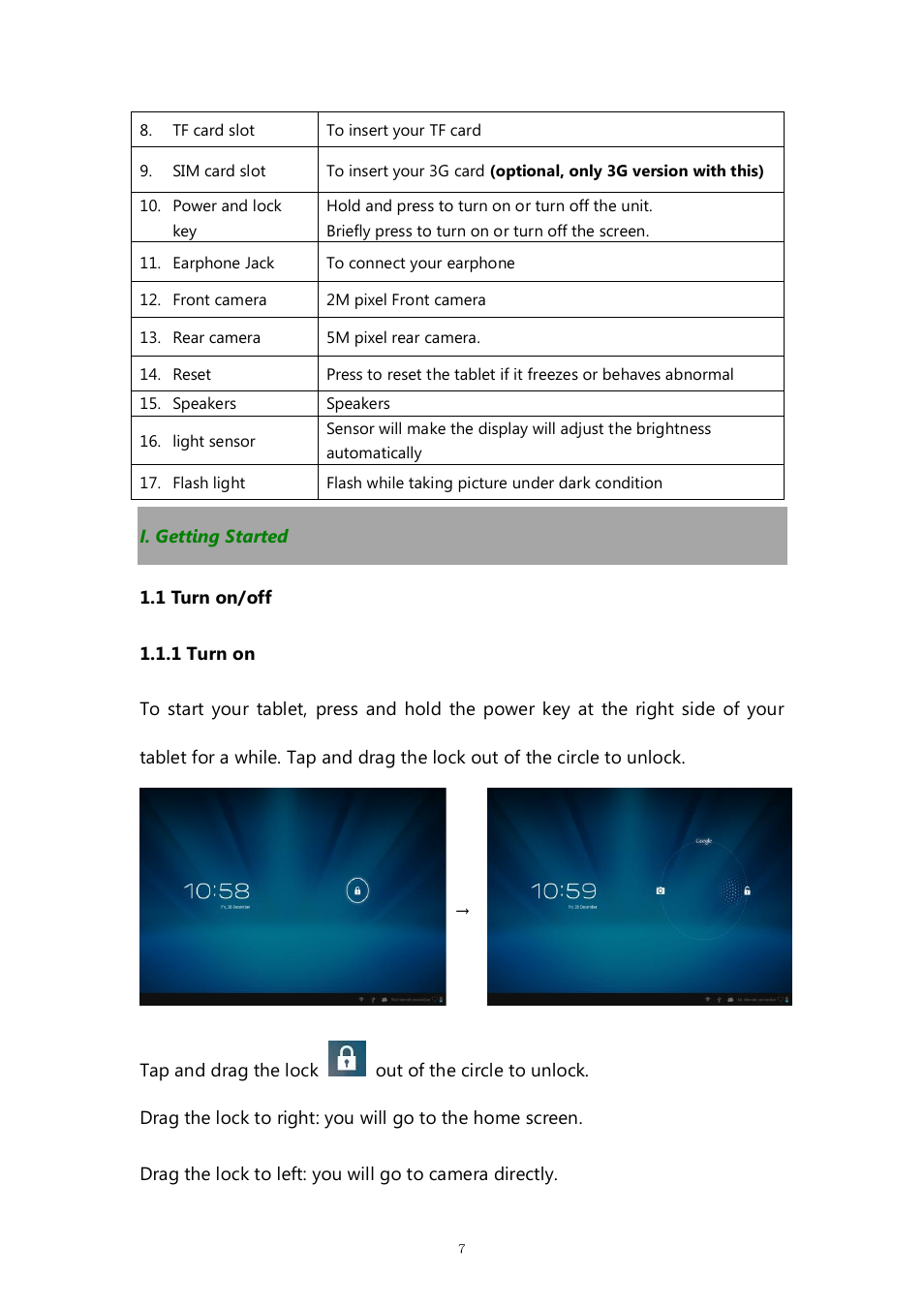 I. getting started, 1 turn on/off, 1 turn on | PiPO M8HD User Manual | Page 7 / 42