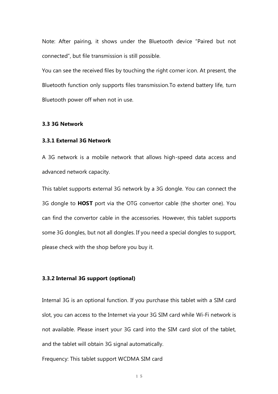 3 3g network, 1 external 3g network, 2 internal 3g support (optional) | PiPO M6 pro User Manual | Page 15 / 42