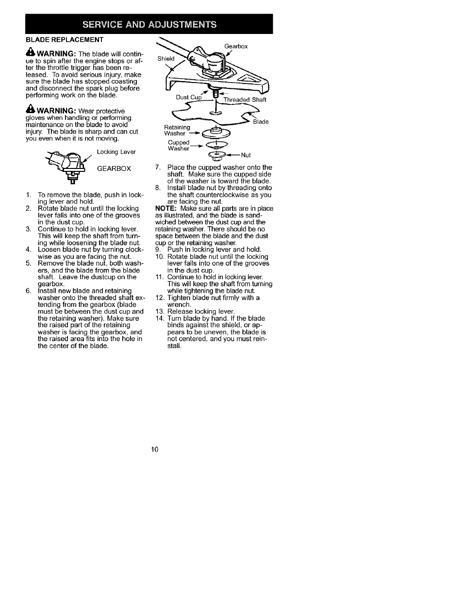 Blade replacement, Warning | Craftsman C944.511590 User Manual | Page 10 / 11